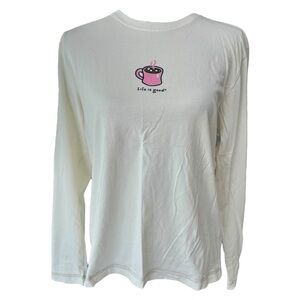 Life is Good. Women's Hot Cocoa Mug Long Sleeve Crusher Vee, Winter White, Sz. M